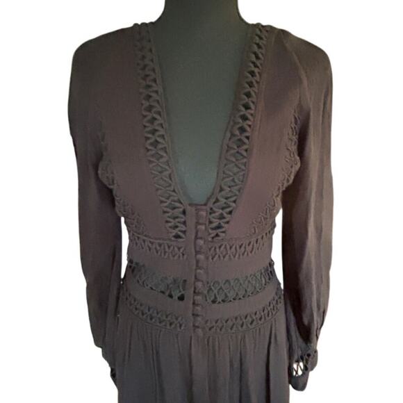 Free People Black Cutout Crochet Mini Dress – Boho Romantic Long Sleeve Size 4 - Picture 4 of 11